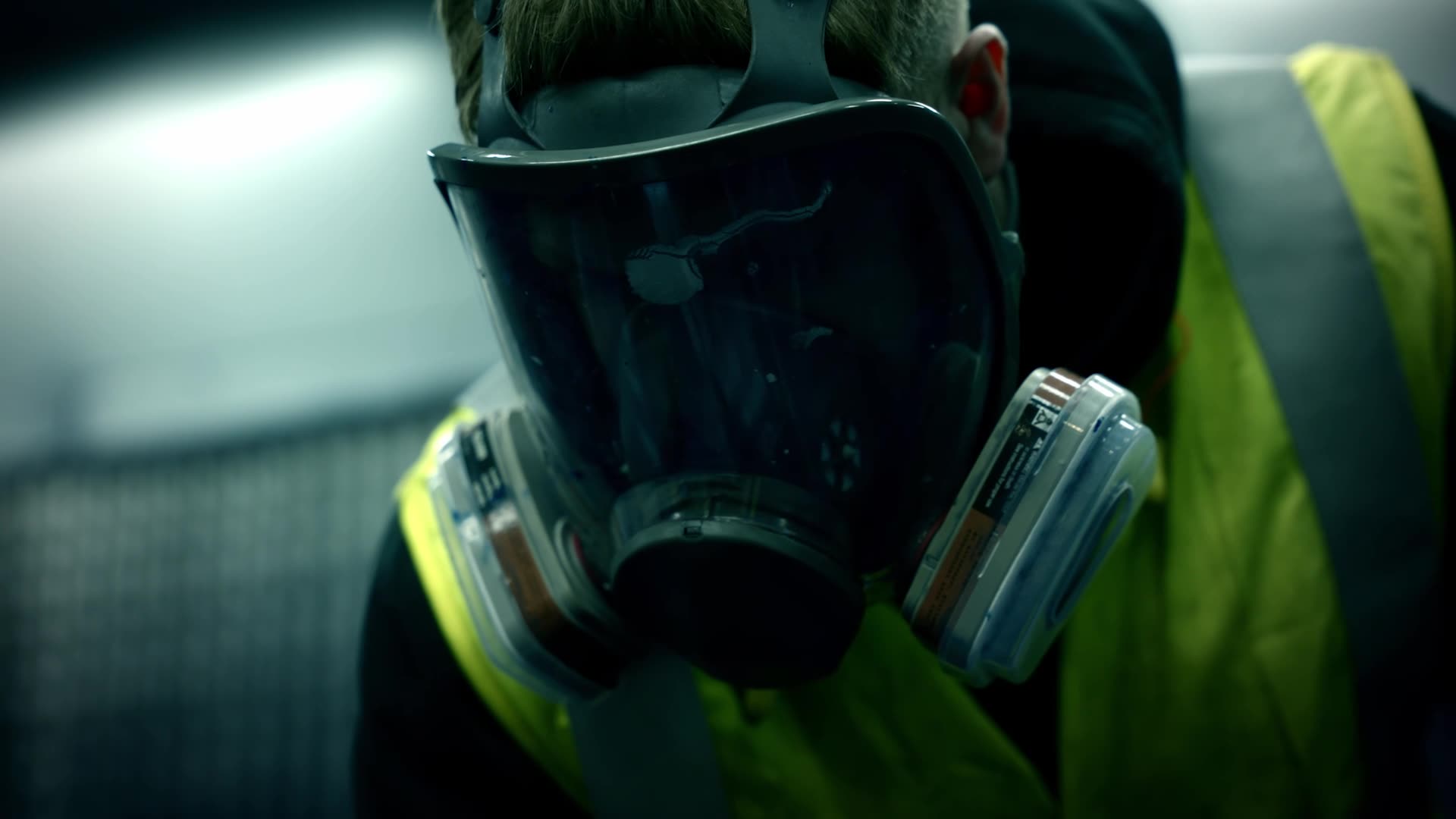 man close-up mask high-vis