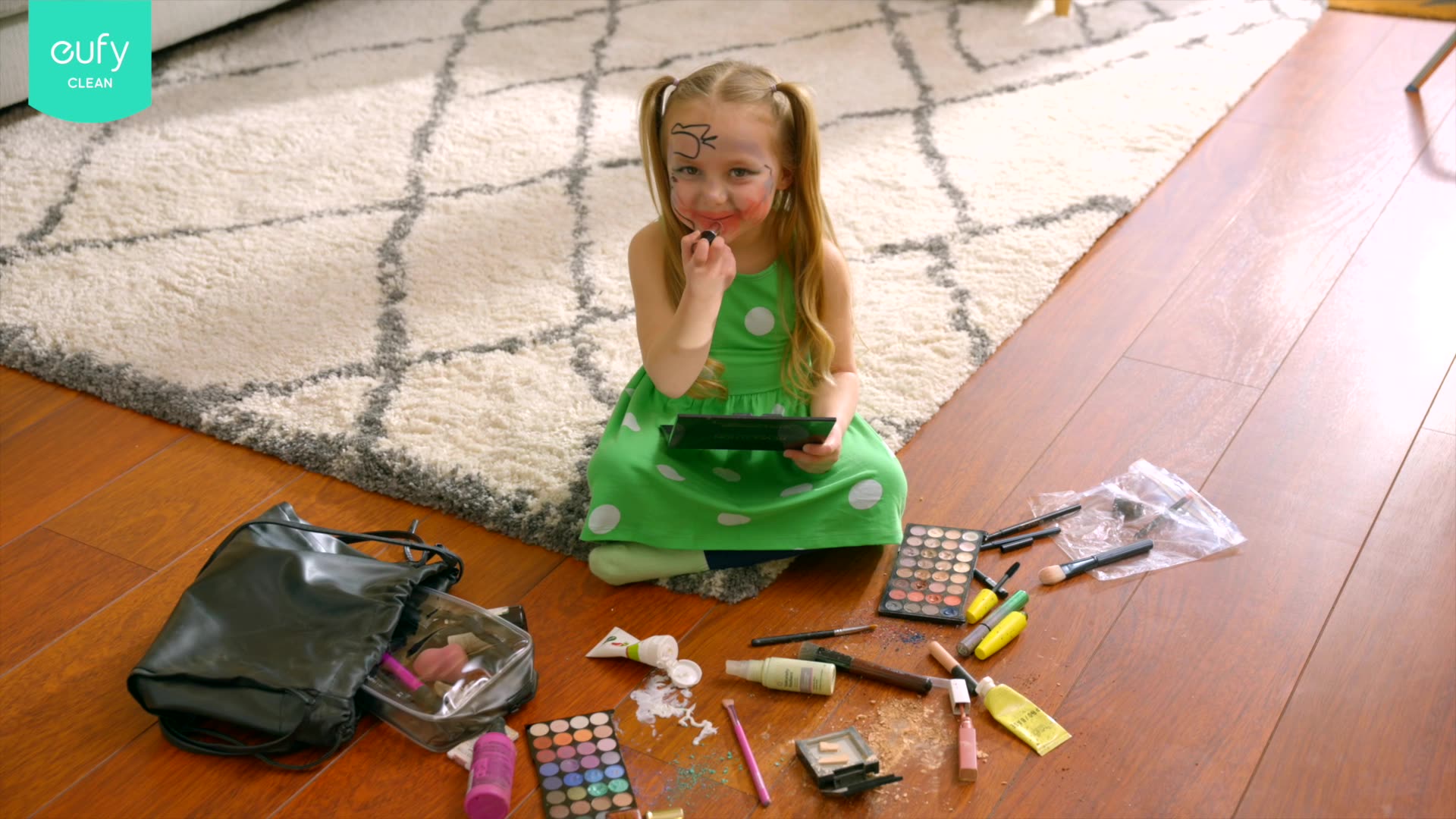 child girl makeup mess funny smiling green dress