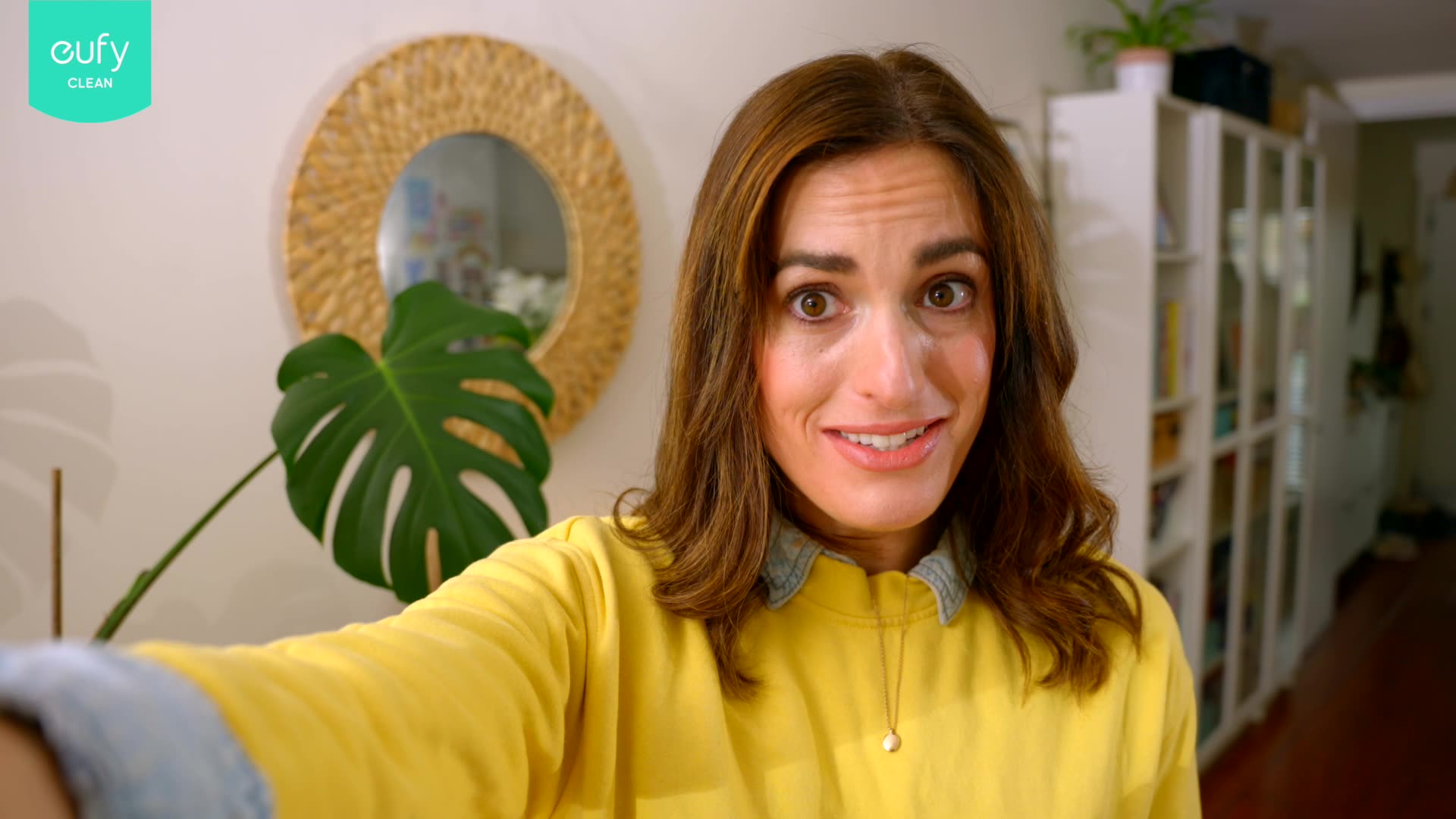 woman yellow jumper happy selfie