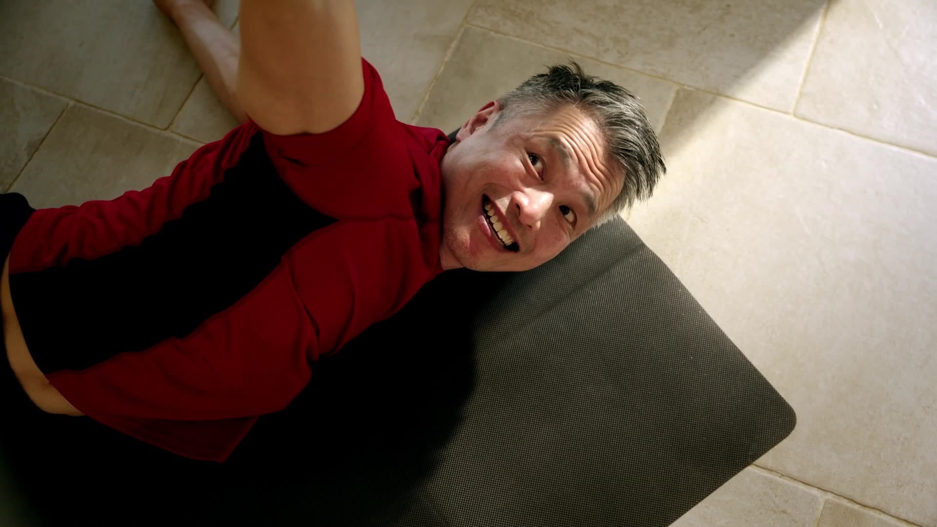 man happy exercise mat sunny